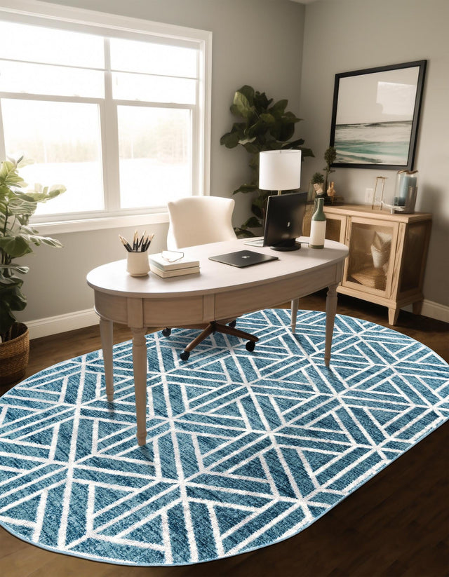 Blue 5' 3 x 8' Matrix Trellis Oval Area Rug 100% Polyester Geometric Pattern Modern Carpet for Living, Dining, Bedroom, Office for Sale at Rug Engine