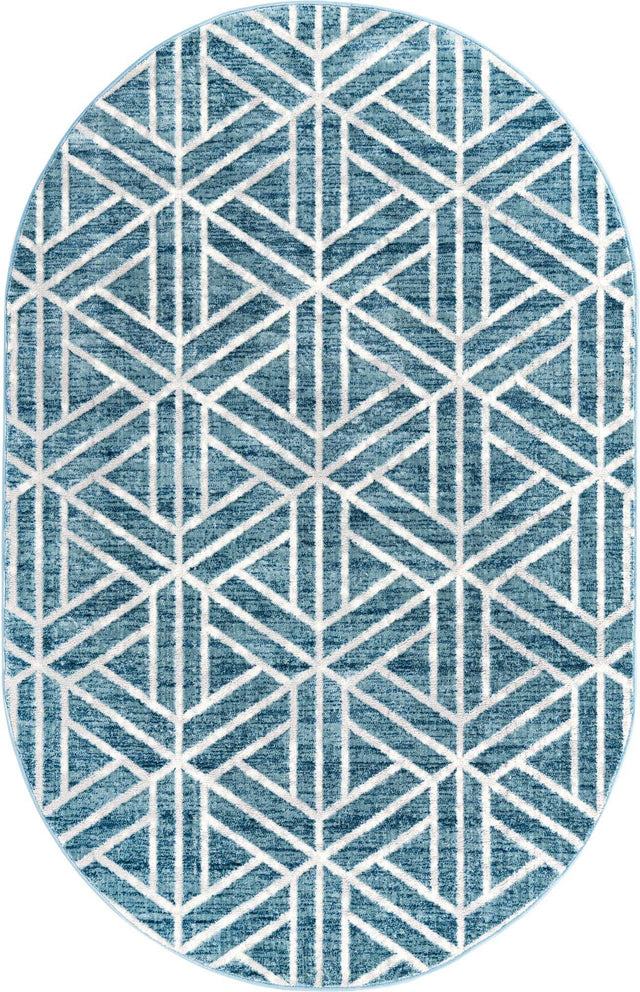 Blue 5' 3 x 8' Matrix Trellis Oval Area Rug 100% Polyester Geometric Pattern Modern Carpet for Living, Dining, Bedroom, Office for Sale at Rug Engine