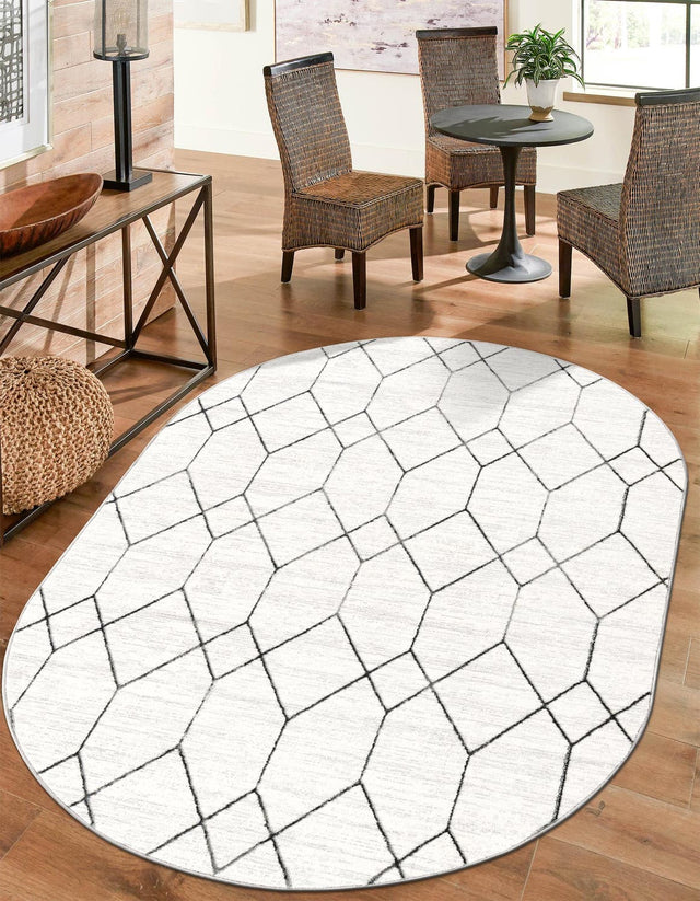 White 5' 3 x 8' Matrix Trellis Oval Area Rug 100% Polyester Geometric Pattern Modern Carpet for Living, Dining, Bedroom, Office for Sale at Rug Engine