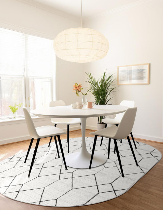 White 5' 3 x 8' Matrix Trellis Oval Area Rug 100% Polyester Geometric Pattern Modern Carpet for Living, Dining, Bedroom, Office for Sale at Rug Engine