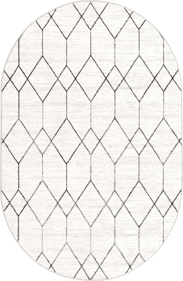 White 5' 3 x 8' Matrix Trellis Oval Area Rug 100% Polyester Geometric Pattern Modern Carpet for Living, Dining, Bedroom, Office for Sale at Rug Engine