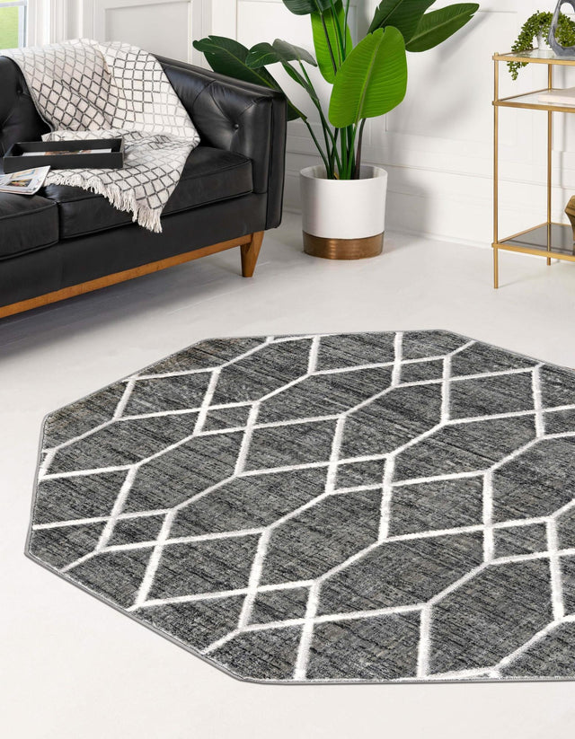 Gray 5' 3 x 5' 3 Matrix Trellis Octagon Area Rug 100% Polyester Geometric Pattern Modern Carpet for Living, Dining, Bedroom, Office for Sale at Rug Engine