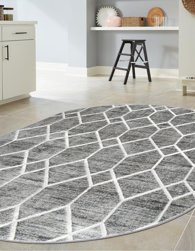 Gray 5' 3 x 8' Matrix Trellis Oval Area Rug 100% Polyester Geometric Pattern Modern Carpet for Living, Dining, Bedroom, Office for Sale at Rug Engine