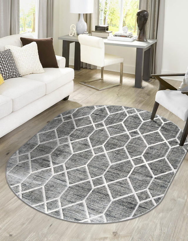 Gray 5' 3 x 8' Matrix Trellis Oval Area Rug 100% Polyester Geometric Pattern Modern Carpet for Living, Dining, Bedroom, Office for Sale at Rug Engine