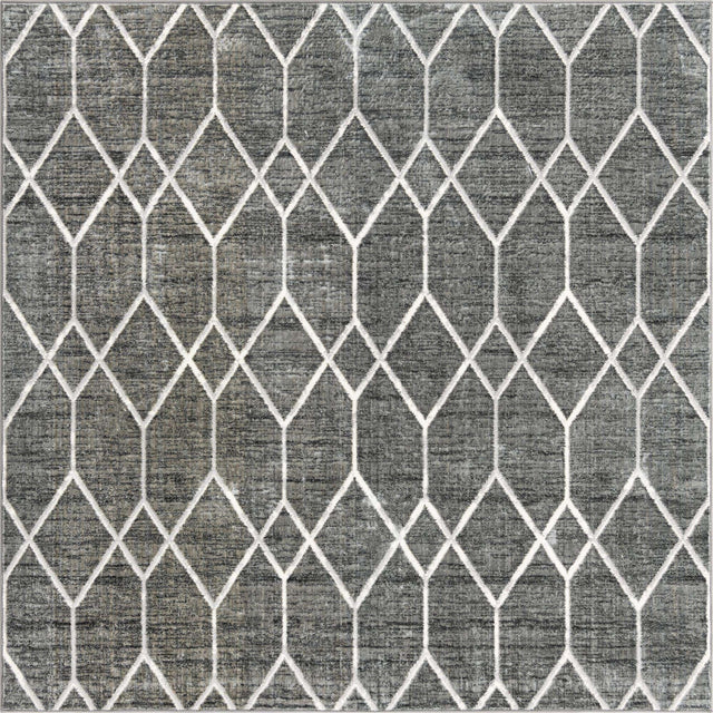 Gray 7' x 7' Matrix Trellis Square Area Rug 100% Polyester Geometric Pattern Modern Carpet for Living, Dining, Bedroom, Office for Sale at Rug Engine