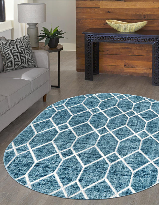 Blue 5' 3 x 8' Matrix Trellis Oval Area Rug 100% Polyester Geometric Pattern Modern Carpet for Living, Dining, Bedroom, Office for Sale at Rug Engine