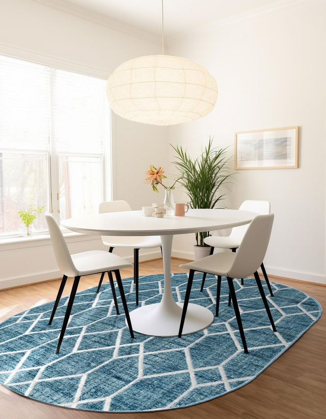 Blue 5' 3 x 8' Matrix Trellis Oval Area Rug 100% Polyester Geometric Pattern Modern Carpet for Living, Dining, Bedroom, Office for Sale at Rug Engine