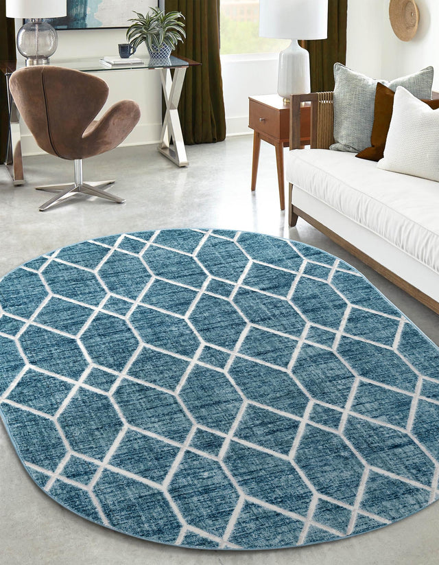 Blue 5' 3 x 8' Matrix Trellis Oval Area Rug 100% Polyester Geometric Pattern Modern Carpet for Living, Dining, Bedroom, Office for Sale at Rug Engine