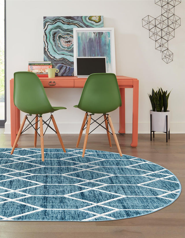Blue 5' 3 x 8' Matrix Trellis Oval Area Rug 100% Polyester Geometric Pattern Modern Carpet for Living, Dining, Bedroom, Office for Sale at Rug Engine