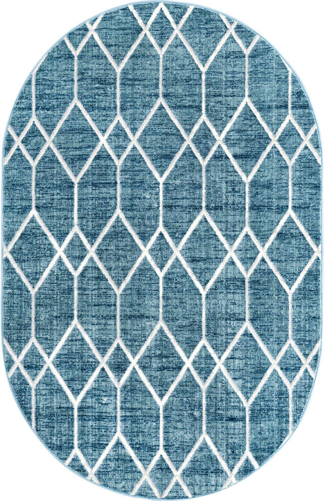 Blue 5' 3 x 8' Matrix Trellis Oval Area Rug 100% Polyester Geometric Pattern Modern Carpet for Living, Dining, Bedroom, Office for Sale at Rug Engine