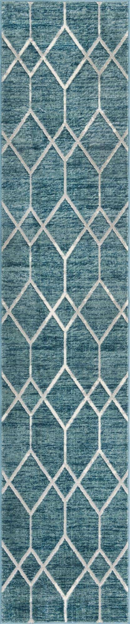 Blue 2' 7 x 13' Matrix Trellis Runner Area Rug 100% Polyester Geometric Pattern Modern Carpet for Living, Dining, Bedroom, Office for Sale at Rug Engine