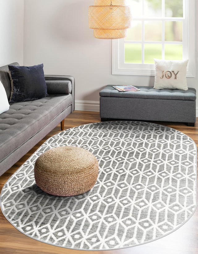 Gray 5' 3 x 8' Matrix Trellis Oval Area Rug 100% Polyester Geometric Pattern Modern Carpet for Living, Dining, Bedroom, Office for Sale at Rug Engine