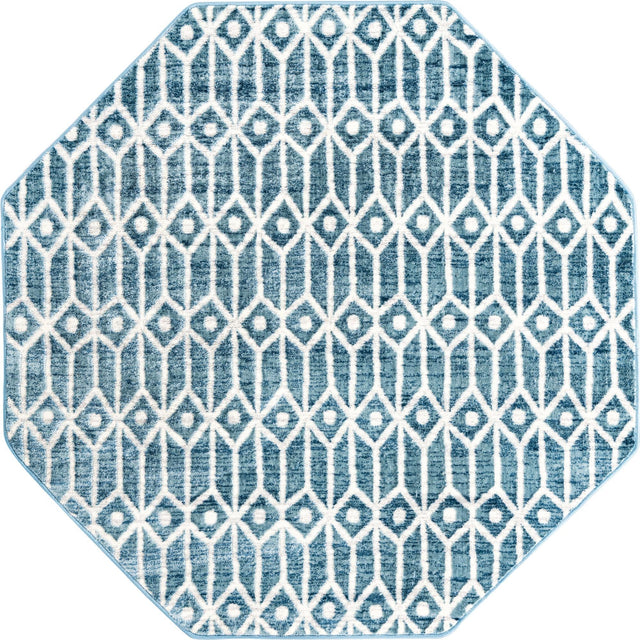 Blue 5' 3 x 5' 3 Matrix Trellis Octagon Area Rug 100% Polyester Geometric Pattern Modern Carpet for Living, Dining, Bedroom, Office for Sale at Rug Engine