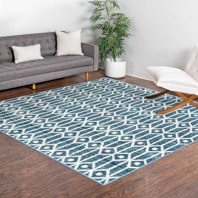 Blue 7' x 7' Matrix Trellis Square Area Rug 100% Polyester Geometric Pattern Modern Carpet for Living, Dining, Bedroom, Office for Sale at Rug Engine