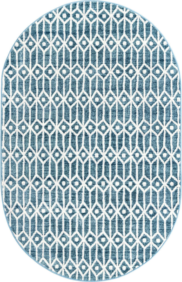 Blue 5' 3 x 8' Matrix Trellis Oval Area Rug 100% Polyester Geometric Pattern Modern Carpet for Living, Dining, Bedroom, Office for Sale at Rug Engine