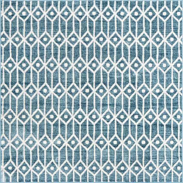 Blue 7' x 7' Matrix Trellis Square Area Rug 100% Polyester Geometric Pattern Modern Carpet for Living, Dining, Bedroom, Office for Sale at Rug Engine