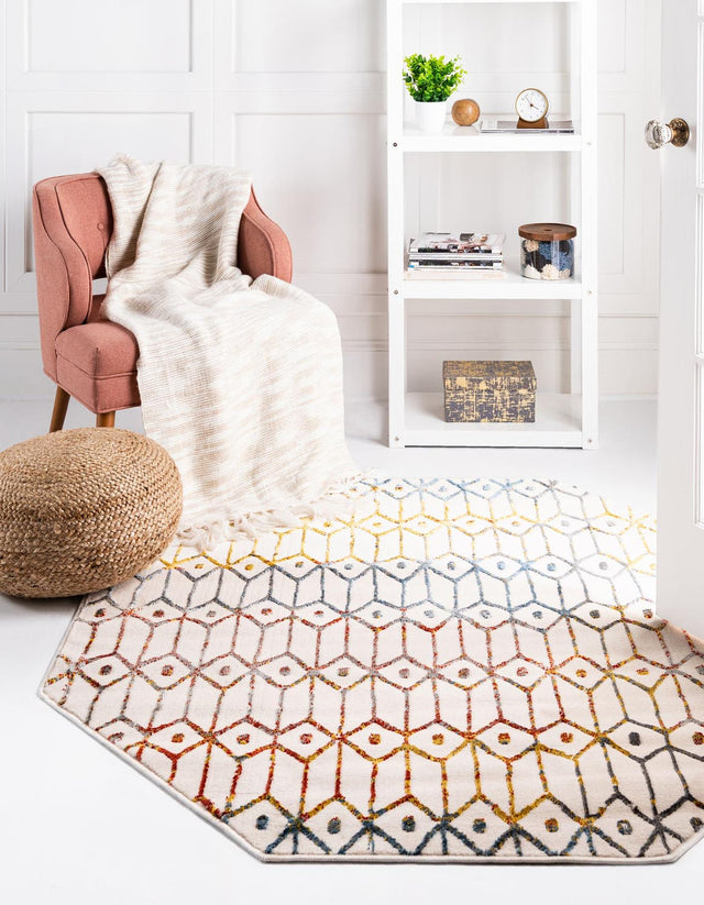 Multicolor 5' 3 x 5' 3 Matrix Trellis Octagon Area Rug 100% Polyester Geometric Pattern Modern Carpet for Living, Dining, Bedroom, Office for Sale at Rug Engine