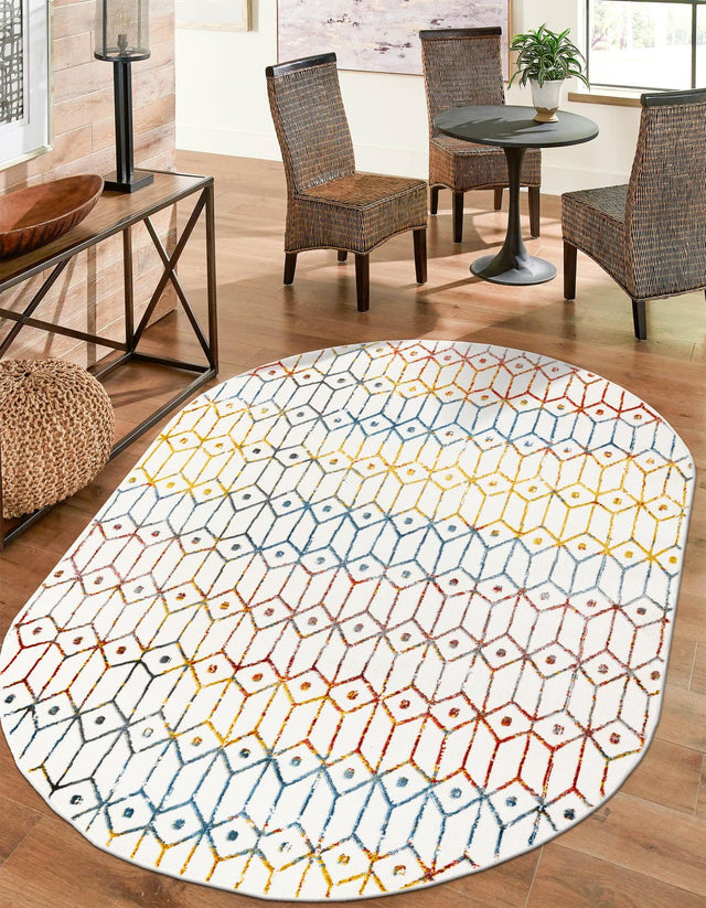 Multicolor 5' 3 x 8' Matrix Trellis Oval Area Rug 100% Polyester Geometric Pattern Modern Carpet for Living, Dining, Bedroom, Office for Sale at Rug Engine