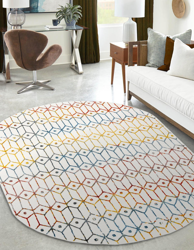 Multicolor 5' 3 x 8' Matrix Trellis Oval Area Rug 100% Polyester Geometric Pattern Modern Carpet for Living, Dining, Bedroom, Office for Sale at Rug Engine