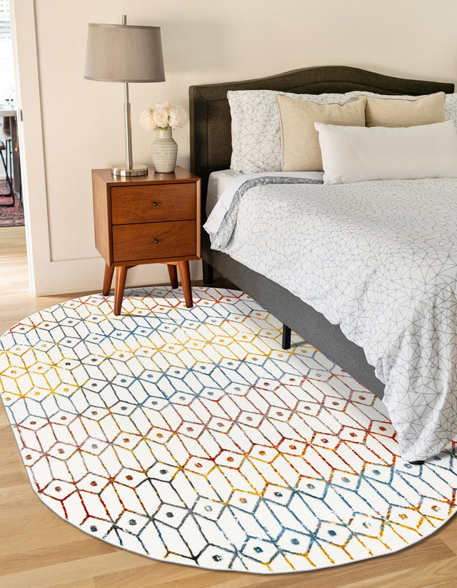 Multicolor 5' 3 x 8' Matrix Trellis Oval Area Rug 100% Polyester Geometric Pattern Modern Carpet for Living, Dining, Bedroom, Office for Sale at Rug Engine
