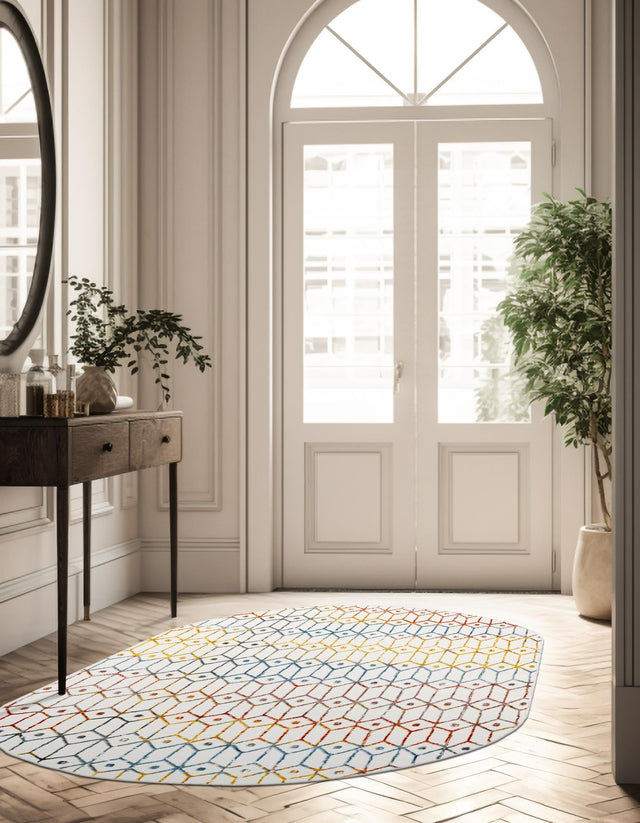 Multicolor 5' 3 x 8' Matrix Trellis Oval Area Rug 100% Polyester Geometric Pattern Modern Carpet for Living, Dining, Bedroom, Office for Sale at Rug Engine