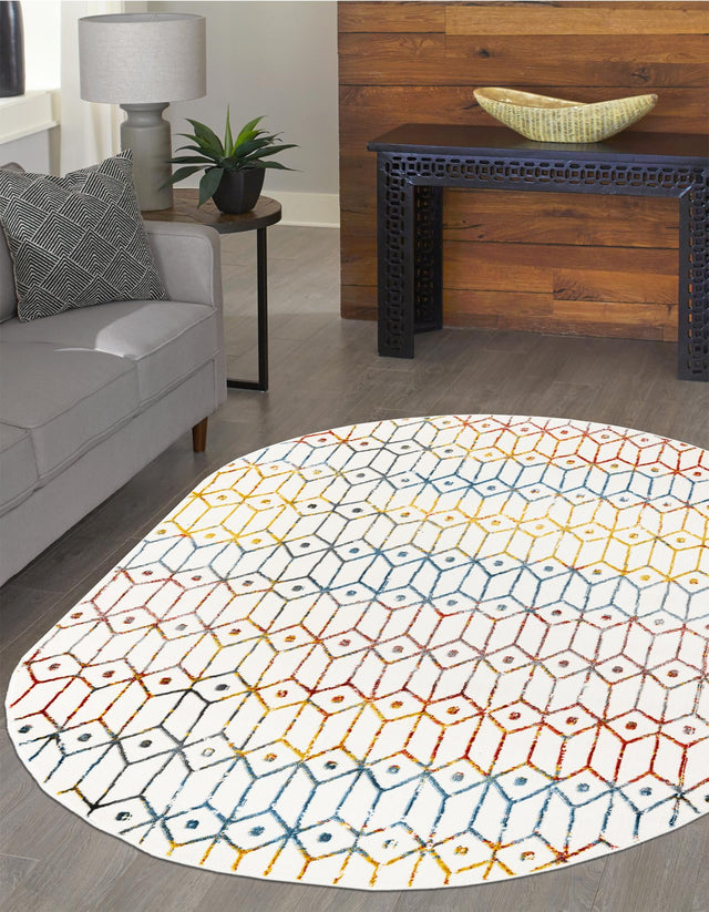 Multicolor 5' 3 x 8' Matrix Trellis Oval Area Rug 100% Polyester Geometric Pattern Modern Carpet for Living, Dining, Bedroom, Office for Sale at Rug Engine