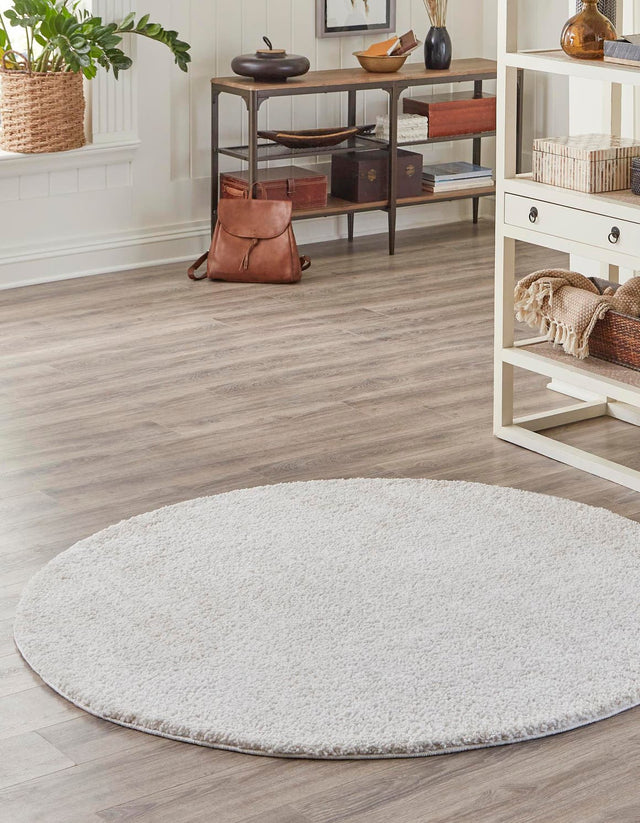 Sea Salt White 7' x 7' Jill Zarin Shaggy Chic Round Area Rug Thick Soft Touch Fluffy & Plush Shaggy Pile 100% Polyester (Space-Dyed Yarn) With Jute Backing Carpet for Sale at Rug Engine