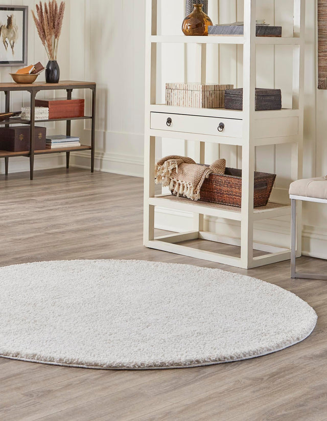 Sea Salt White 7' x 7' Jill Zarin Shaggy Chic Round Area Rug Thick Soft Touch Fluffy & Plush Shaggy Pile 100% Polyester (Space-Dyed Yarn) With Jute Backing Carpet for Sale at Rug Engine