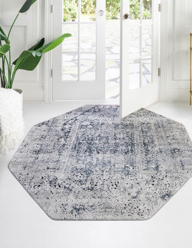 Gray 5' 3 x 5' 3 Chateau Octagon Area Rug 85% Polypropylene & 15% Chenille With Cotton Backing Traditional Vintage Distressed Carpet for Classical Interior Design Decorating for Sale at Rug Engine