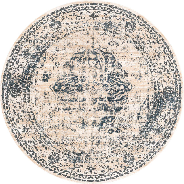 Dark Blue 5' 3 x 5' 3 Chateau Round Area Rug 85% Polypropylene & 15% Chenille With Cotton Backing Traditional Vintage Distressed Carpet for Classical Interior Design Decorating for Sale at Rug Engine