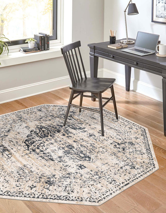 Dark Blue 7' 1 x 7' 1 Chateau Octagon Area Rug 85% Polypropylene & 15% Chenille With Cotton Backing Traditional Vintage Distressed Carpet for Classical Interior Design Decorating for Sale at Rug Engine