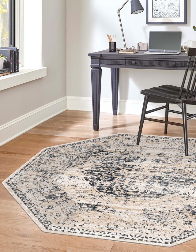Dark Blue 7' 1 x 7' 1 Chateau Octagon Area Rug 85% Polypropylene & 15% Chenille With Cotton Backing Traditional Vintage Distressed Carpet for Classical Interior Design Decorating for Sale at Rug Engine