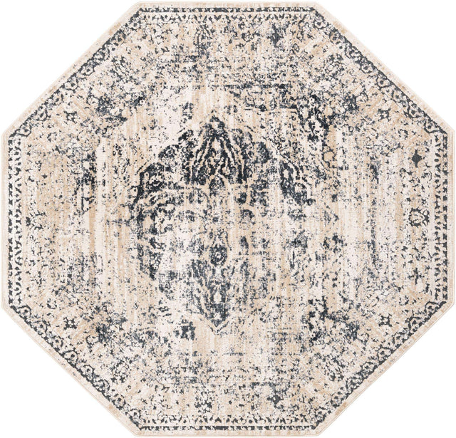 Dark Blue 5' 3 x 5' 3 Chateau Octagon Area Rug 85% Polypropylene & 15% Chenille With Cotton Backing Traditional Vintage Distressed Carpet for Classical Interior Design Decorating for Sale at Rug Engine