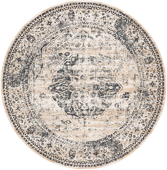 Dark Blue 7' 1 x 7' 1 Chateau Round Area Rug 85% Polypropylene & 15% Chenille With Cotton Backing Traditional Vintage Distressed Carpet for Classical Interior Design Decorating for Sale at Rug Engine