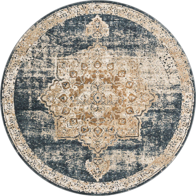 Dark Blue 5' 3 x 5' 3 Chateau Round Area Rug 85% Polypropylene & 15% Chenille With Cotton Backing Traditional Vintage Distressed Carpet for Classical Interior Design Decorating for Sale at Rug Engine