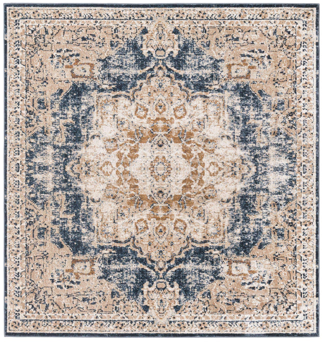 Dark Blue 5' 3 x 5' 3 Chateau Square Area Rug 85% Polypropylene & 15% Chenille With Cotton Backing Traditional Vintage Distressed Carpet for Classical Interior Design Decorating for Sale at Rug Engine