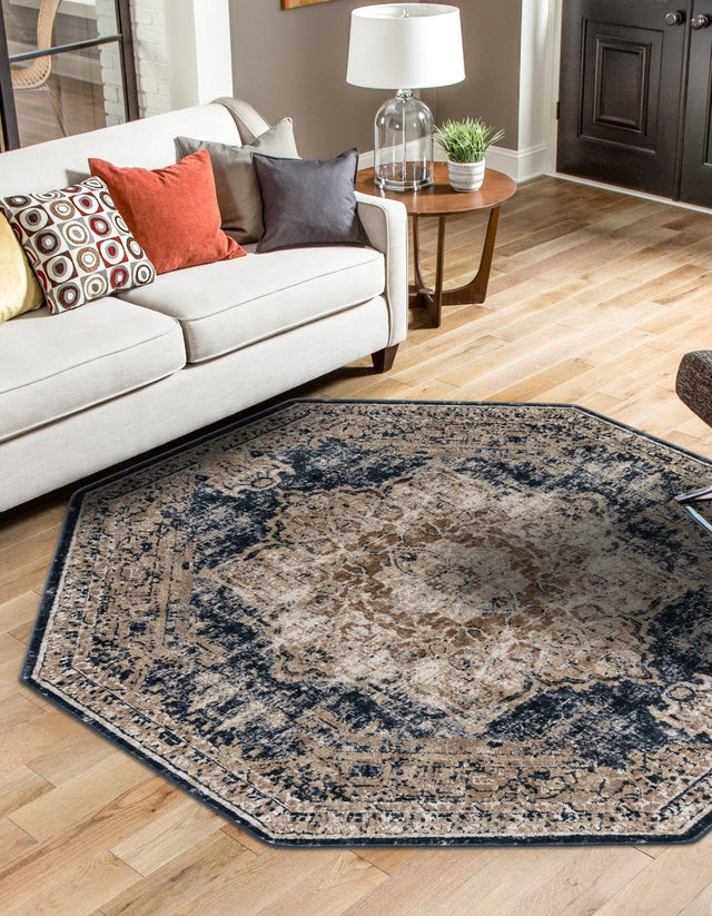 Dark Blue 7' 1 x 7' 1 Chateau Octagon Area Rug 85% Polypropylene & 15% Chenille With Cotton Backing Traditional Vintage Distressed Carpet for Classical Interior Design Decorating for Sale at Rug Engine