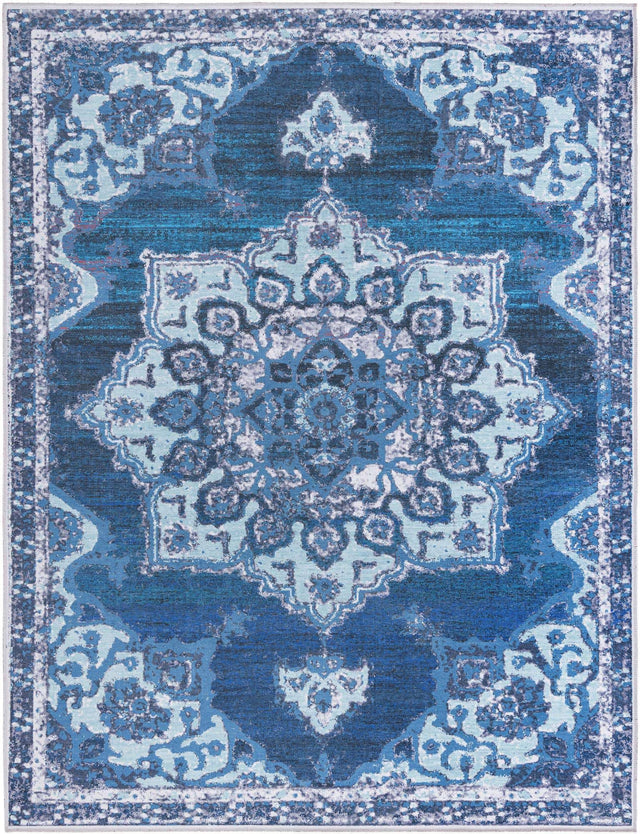 Washable Navy Blue 7' 10 x 10' Renaissance Rectangle Area Rug Easy to Clean Stain Resistant & Durable Colorful Distressed Vintage Carpet for Sale at Rug Engine