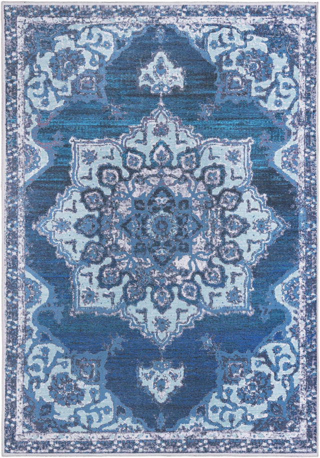 Washable Navy Blue 7' 10 x 11' Renaissance Rectangle Area Rug Easy to Clean Stain Resistant & Durable Colorful Distressed Vintage Carpet for Sale at Rug Engine