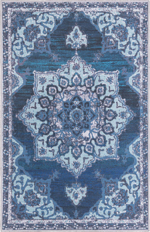 Washable Navy Blue 5' 3 x 8' Renaissance Rectangle Area Rug Easy to Clean Stain Resistant & Durable Colorful Distressed Vintage Carpet for Sale at Rug Engine