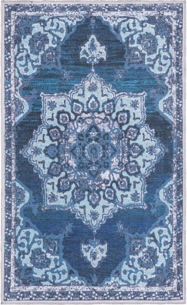 Washable Navy Blue 3' 3 x 5' 3 Renaissance Rectangle Area Rug Easy to Clean Stain Resistant & Durable Colorful Distressed Vintage Carpet for Sale at Rug Engine