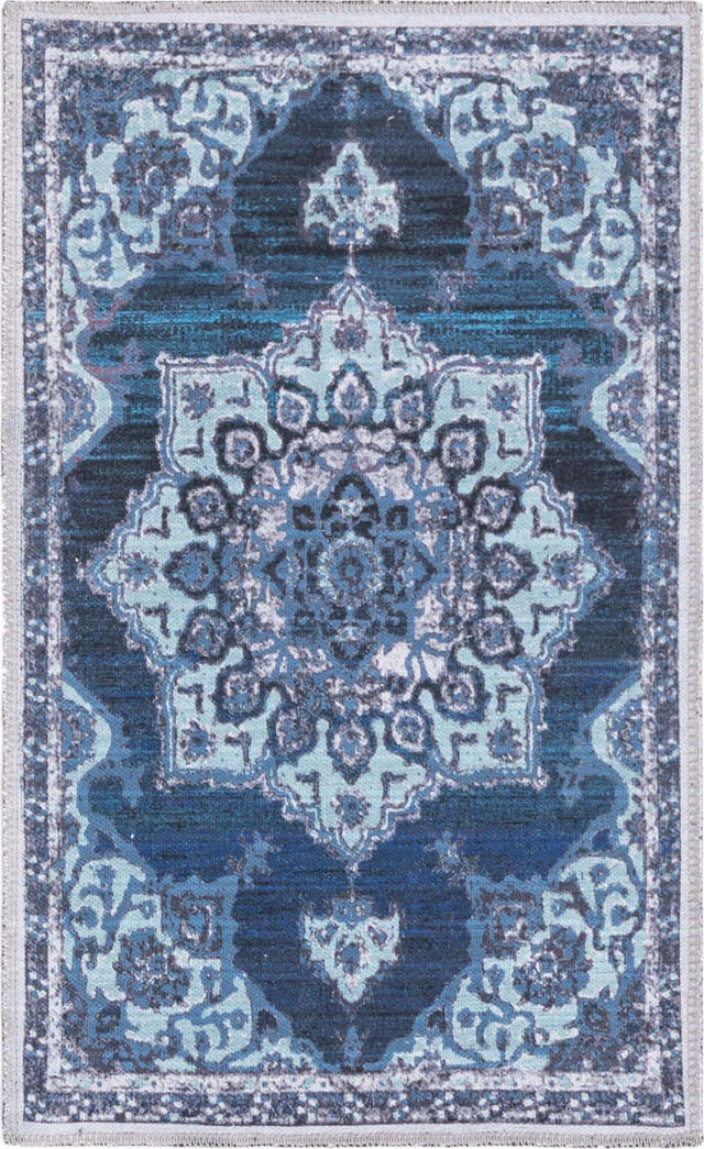 Washable Navy Blue 2' x 3' 1 Renaissance Rectangle Area Rug Easy to Clean Stain Resistant & Durable Colorful Distressed Vintage Carpet for Sale at Rug Engine