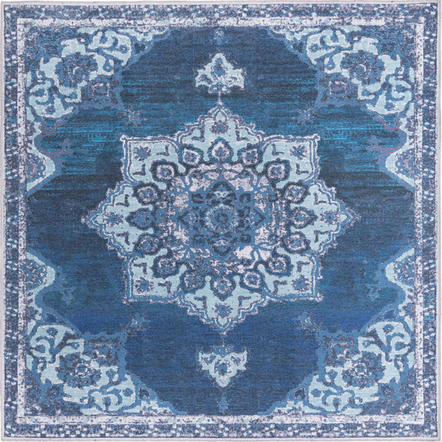 Washable Navy Blue 7' 10 x 7' 10 Renaissance Square Area Rug Easy to Clean Stain Resistant & Durable Colorful Distressed Vintage Carpet for Sale at Rug Engine