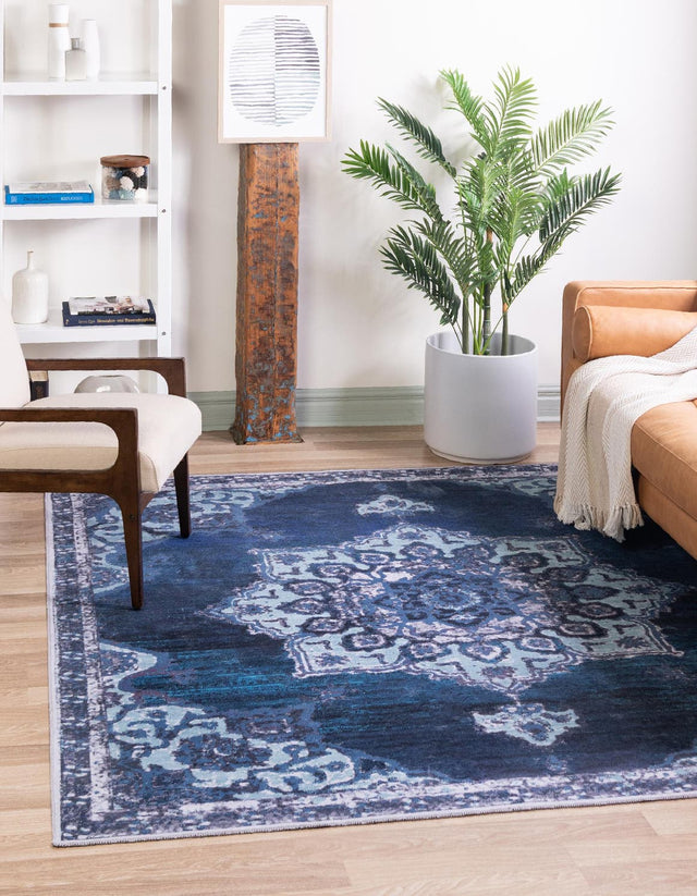 Washable Navy Blue 7' 3 x 7' 3 Renaissance Square Area Rug Easy to Clean Stain Resistant & Durable Colorful Distressed Vintage Carpet for Sale at Rug Engine
