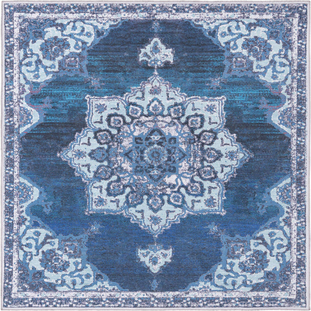 Washable Navy Blue 7' 3 x 7' 3 Renaissance Square Area Rug Easy to Clean Stain Resistant & Durable Colorful Distressed Vintage Carpet for Sale at Rug Engine