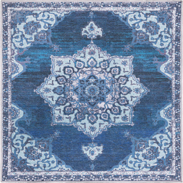 Washable Navy Blue 5' 3 x 5' 3 Renaissance Square Area Rug Easy to Clean Stain Resistant & Durable Colorful Distressed Vintage Carpet for Sale at Rug Engine