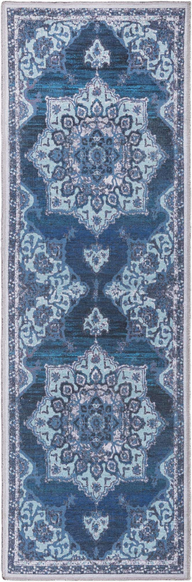 Washable Navy Blue 2' x 6' 1 Renaissance Runner Area Rug Easy to Clean Stain Resistant & Durable Colorful Distressed Vintage Carpet for Sale at Rug Engine