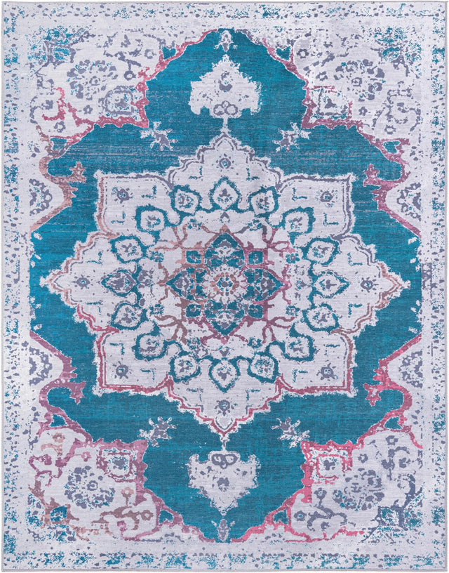 Washable Teal Green 10' 6 x 13' Renaissance Rectangle Area Rug Easy to Clean Stain Resistant & Durable Colorful Distressed Vintage Carpet for Sale at Rug Engine