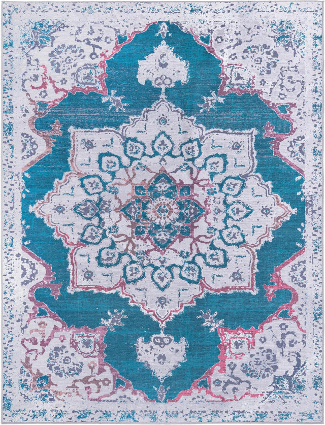 Washable Teal Green 9' 2 x 12' Renaissance Rectangle Area Rug Easy to Clean Stain Resistant & Durable Colorful Distressed Vintage Carpet for Sale at Rug Engine