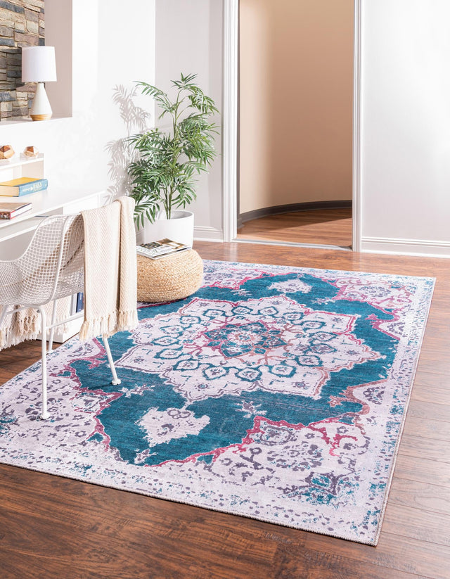 Washable Teal Green 9' 2 x 12' Renaissance Rectangle Area Rug Easy to Clean Stain Resistant & Durable Colorful Distressed Vintage Carpet for Sale at Rug Engine